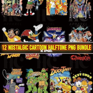 Może przedstawiać: Zestaw 12 nostalgicznych obrazów PNG w półtonach z kreskówek, z postaciami z takich seriali jak Masters of the Universe, Doug i Simpsonowie. Czarne tło z tekstem "12 NOSTALGIC CARTOON HALFTONE PNG BUNDLE".