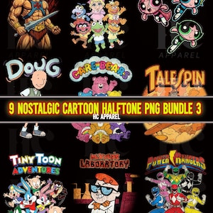 Może przedstawiać: Czarny grafika z dziewięcioma nostalgicznymi logotypami kreskówek, w tym He-Man, Muppet Babies, Powerpuff Girls, Doug, Care Bears, TaleSpin, Tiny Toon Adventures, Dexter's Laboratory i Power Rangers. Obecny jest również tekst "9 Nostalgic Cartoon Halftone PNG Bundle 3".