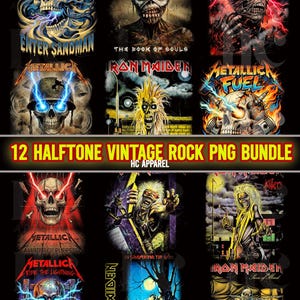 May include: A collection of 12 halftone vintage rock PNG images featuring skull graphics and band logos, including Metallica and Iron Maiden. The images have a black background and include text such as "Enter Sandman" and "Fuel".
