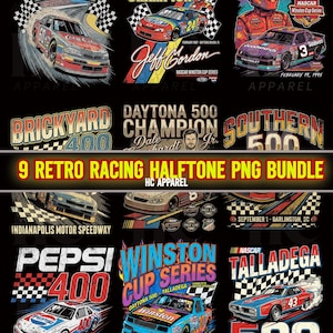 9 Retro Racing Halvton PNG-paket | Svart Knockout Transparent Bakgrund | 300 DPI Retrodesigner