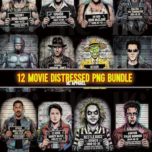 May include: A digital art bundle featuring 12 movie characters in a mugshot style. Each character holds a sign with their name and charges. The bundle includes Rambo, Tony Montana, John McClane, The Terminator, Indiana Jones, and others.