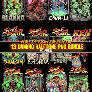 May include: A bundle of 13 gaming designs featuring Street Fighter characters such as Blanka, Ken, Chun-Li, Dhalsim, E. Honda, Sagat, M. Bison, Vega, World Warriors, and Balrog. Each design is a detailed illustration.
