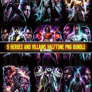 Könnte beinhalten: Ein digitales Kunstpaket mit neun Helden und Schurken im Halbtonstil. Die Bilder zeigen verschiedene Charaktere mit leuchtenden Farben und dynamischen Posen. Der Text auf dem Bild lautet "9 HEROES AND VILLAINS HALFTONE PNG BUNDLE".