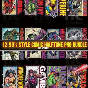 Op de afbeelding: Een verzameling van 12 stripboek-achtige halftone PNG-afbeeldingen met superhelden en schurken zoals Deadpool, Poison Ivy, Wolverine en Venom. De tekst luidt "12 90's Style Comic Halftone PNG Bundle".