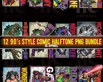 Paquete de 12 PNG de semitonos de cómic estilo años 90 / Fondo transparente negro con efecto de nocaut / DTF de superhéroe de 300 DPI