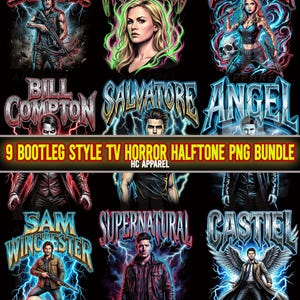 Puede incluir: Una colección de nueve imágenes digitales con personajes y logotipos de series de televisión populares como "True Blood" y "Buffy the Vampire Slayer". Cada diseño tiene un estilo gráfico único con colores llamativos y efectos de rayos. También se incluye el texto "9 Bootleg Style TV Horror Halftone PNG Bundle".