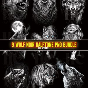 Wolf Noir Halftone PNG-paket | Blackout DTF, 300 DPI (digital nedladdning)
