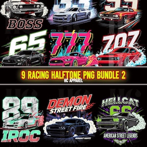 May include: A digital art bundle featuring nine racing car designs with numbers and text. The designs include cars with the numbers 99, 33, 55, 65, 777, 707, 89, and 66. Text includes "BOSS", "SALEEN", "CAMARO SS", "DEMON STREET FIRE", "HELLCAT", and "IROC".