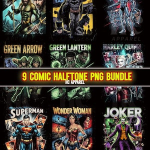 以下が含まれることがあります： アクアマン、バットマン、サイボーグ、グリーンアロー、グリーンランタン、ハーレークイン、スーパーマン、ワンダーウーマン、ジョーカーなど、DCコミックスのスーパーヒーローが登場する9つのコミック風画像コレクション。画像は黒い背景にあります。