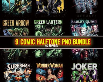 Paquete de 9 imágenes PNG de semitonos de cómic / Fondo transparente negro / Imágenes prediseñadas de superhéroe de 300 DPI