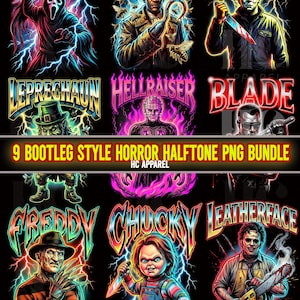 Könnte beinhalten: Eine Sammlung von neun Horrorfilm-Bildern im Bootleg-Stil, darunter Charaktere wie Scream, Candyman und Freddy Krueger. Jedes Bild hat einen Halbton-Effekt mit leuchtenden Farben und Blitzen. Der Text lautet "9 Bootleg Style Horror Halftone PNG Bundle."