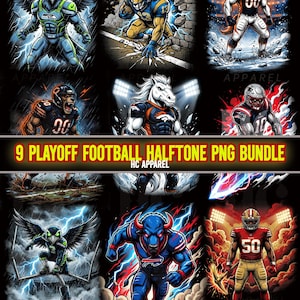 9 Playoff Football Halftone PNG bundle | Black Knockout Transparent Background | 300 DPI DTF designs