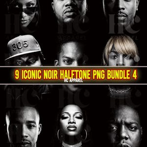 May include: A black and white graphic featuring nine portraits of people. The text "9 ICONIC NOIR HALFTONE PNG BUNDLE 4" is displayed in yellow and red. The bottom of the image includes the text "300 DPI | HALFTONE IMAGES | PNG | BLACK KNOCKOUT".