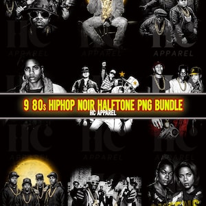 May include: A digital art bundle in black and white, showcasing 9 images of 80s hip-hop artists. The images feature portraits and group shots of musicians, with gold chains and sunglasses. The text on the image reads "9 80s Hiphop Noir Halftone PNG Bundle."