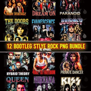 12 Bootleg Stlye Rock png bundle | Black Knockout Transparent Background | DTF Halftone | 600 DPI Transparent Clipart