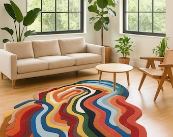 8x10ft rug Hand Tufted Abstract Rug, Colorful Wavy Design, Boho Decor