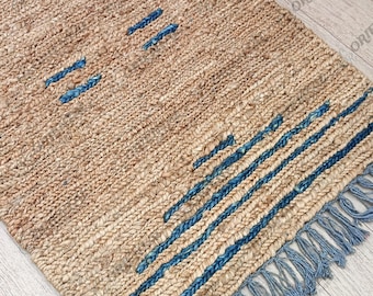 Handmade Jute Rug: Boho Rustic Area Rug with Blue AccentsScalloped rug interior design Scalloped rug interior design