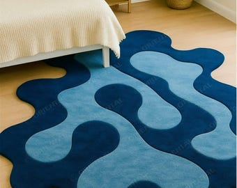 Hand Tufted Abstract Wavy Rug: Modern Blue Bedroom Carpet 4x6 ft 6x9 ftScalloped rug interior design Scalloped rug interior design