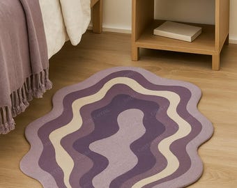 Hand Tufted Abstract Wavy Rug: Purple & Beige Modern Carpet