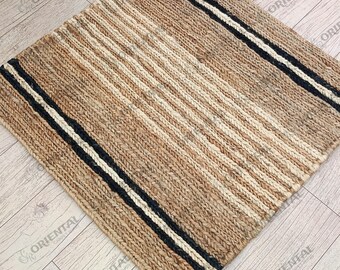 Handmade Jute Area Rug: Woven Black Stripe Eco-Friendly Farmhouse DecorScalloped rug interior design Scalloped rug interior design