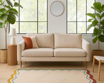 5x7 ft Hand Tufted wool area Rug – Wavy Colorful Border, Modern Rug, Scalloped rug, interior design rug, Minimalist rug