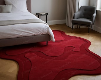 Hand Tufted Wool Area Rug 6x9 ft, Modern rug, Scalloped rug, interior design rug, Red Rug, Burgundy rug New zealand wool rug