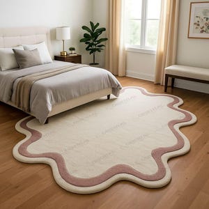 Handmade Tufted Wavy Rug: Cream & Blush Abstract Area Carpet