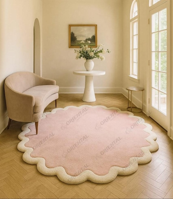 Hand Tufted Wool Rug 5x7 | Pink Scalloped Wavy Edge Valentine's