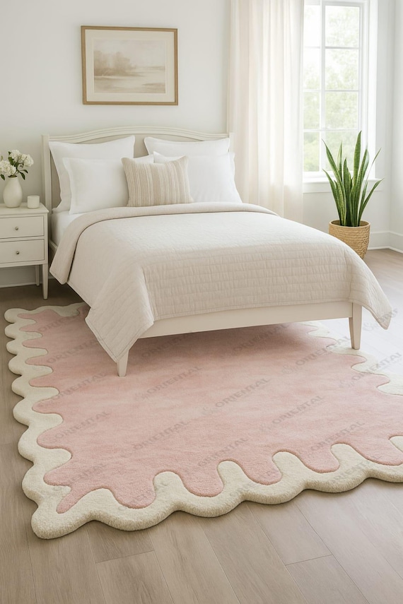 6x9 ft Modern Hand-Tufted Wool Area Rug: Scalloped rug, Edge Pink Rug, Minimalist wool rug, Rug for Living Room Bedroom