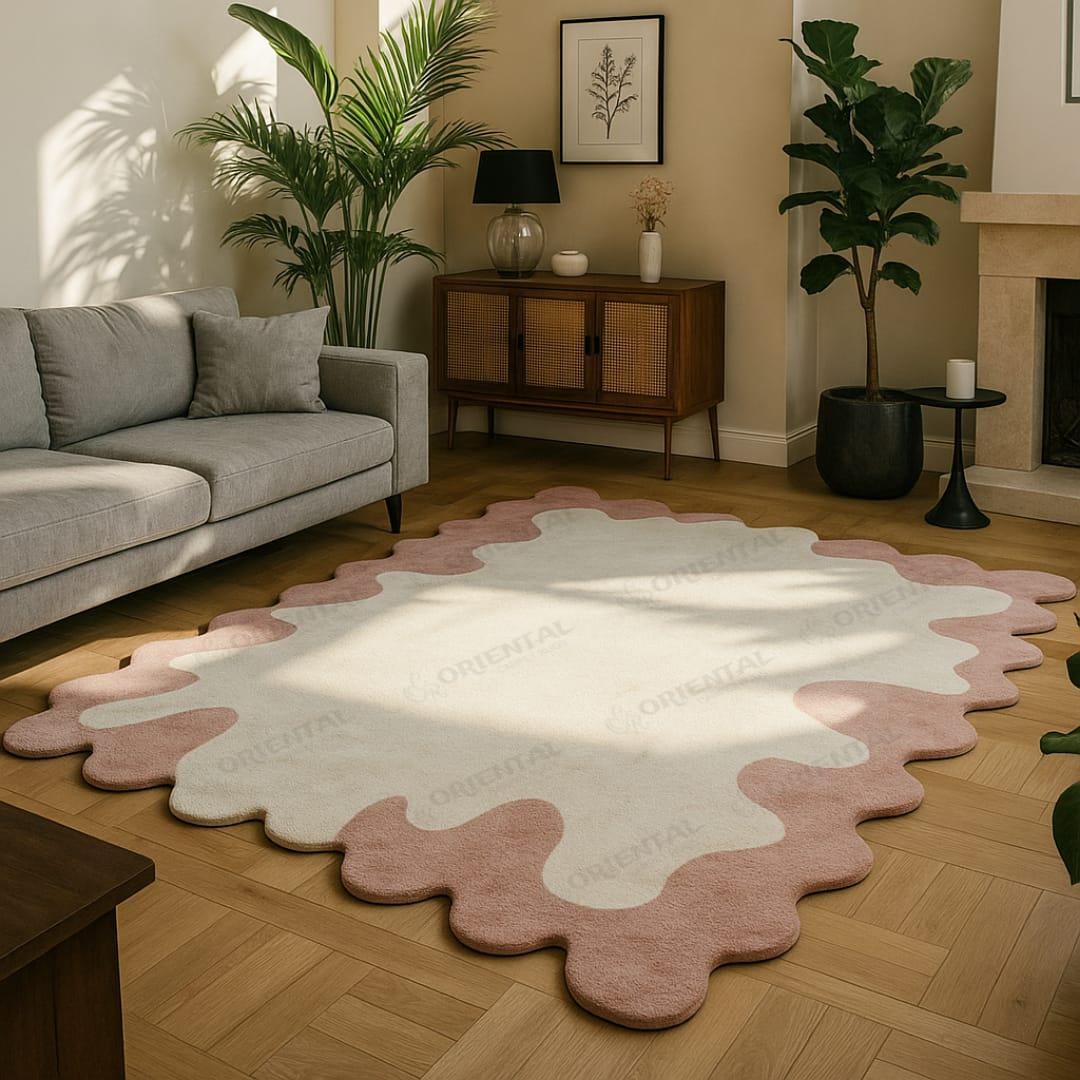 8x10 Ft Rug Hand-tufted Wool Area Rug, Cream & Blush Pink Rug, Wavy ...