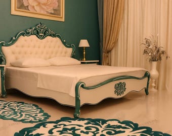 Handgetuft gebloemd vloerkleed: groen en wit modern decor