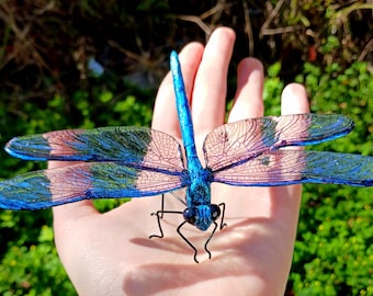 Realistic Handmade Blue Iridescent Clay & Wire Damselfly/Dragonfly Sculpture