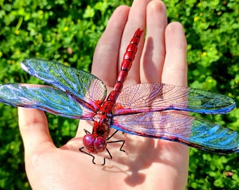Realistic Handcrafted Iridescent Red Dragonfly Sculpture