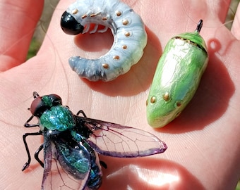 Handcrafted Realistic House Fly, Grub, or Chrysalis Hanging Ornaments