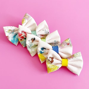 Disney Princess Fabric Bow, Snow White Hair Bow, Princess Tiana Hair Clip, Cinderella Hair Bow, Ariel Hair Bow Clip, Princess Belle Bow,