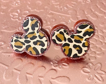 Leopard Print Mickey Mouse Stud Earrings: Glitter Acrylic