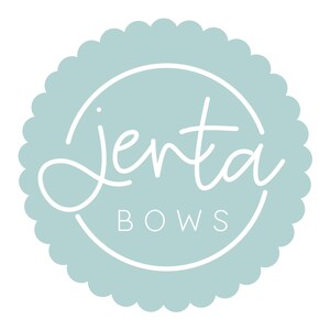 May include: A round, light blue logo with a scalloped edge. The logo features the word "Jenta" in a cursive font, and the word "BOWS" in a sans-serif font, both in white, inside a white circle.
