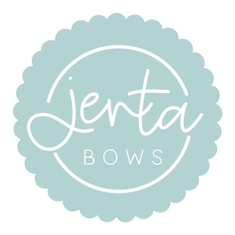 May include: A round, light blue logo with a scalloped edge. The logo features the word "Jenta" in a cursive font, and the word "BOWS" in a sans-serif font, both in white, inside a white circle.