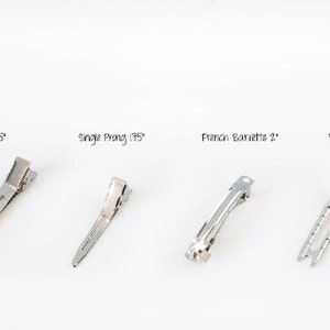 May include: Four silver hair clips on a white background. The clips include a Single Prong 2.25", a Single Prong 1.75", a French Barrette 2", and a Double Prong 2". The text above each clip indicates the style and size.