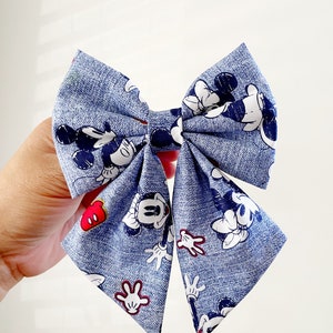 Mickey And Minnie Denim Hair Bow, Mickey Denim Hair Bow, Disney Fabric Bow, Disney Hair Bow, Disneyland Hair Bow, Disney World Bow