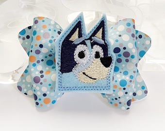 Blue Dog Faux Leather Hair Bow: Cartoon Hair Clip