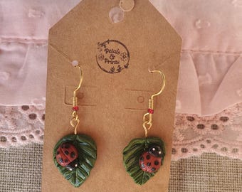 Ladybug on Leaf Handsculpted Clay Earrings
