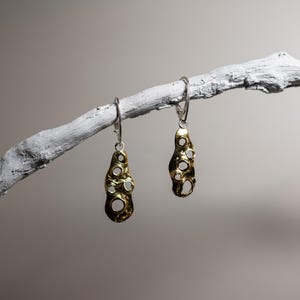 May include: A pair of gold earrings with a unique organic shape and a silver hook. The earrings have a textured surface and multiple circular cutouts.