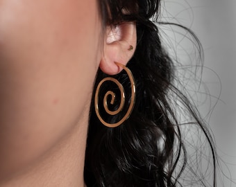 Handmade Brass Golden Spiral Earrings: Hammered Texture Jewelry
