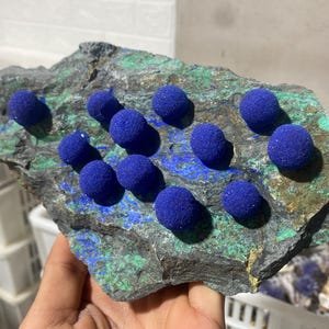 Peut inclure: Une roche rugueuse de couleur gris foncé avec un motif minéral vert et bleu. La roche est recouverte de petits nodules bleus d'azurite ronds.