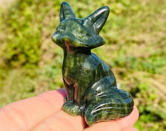Hand Carved Green Jade Fox Figurine: Crystal Home Decor