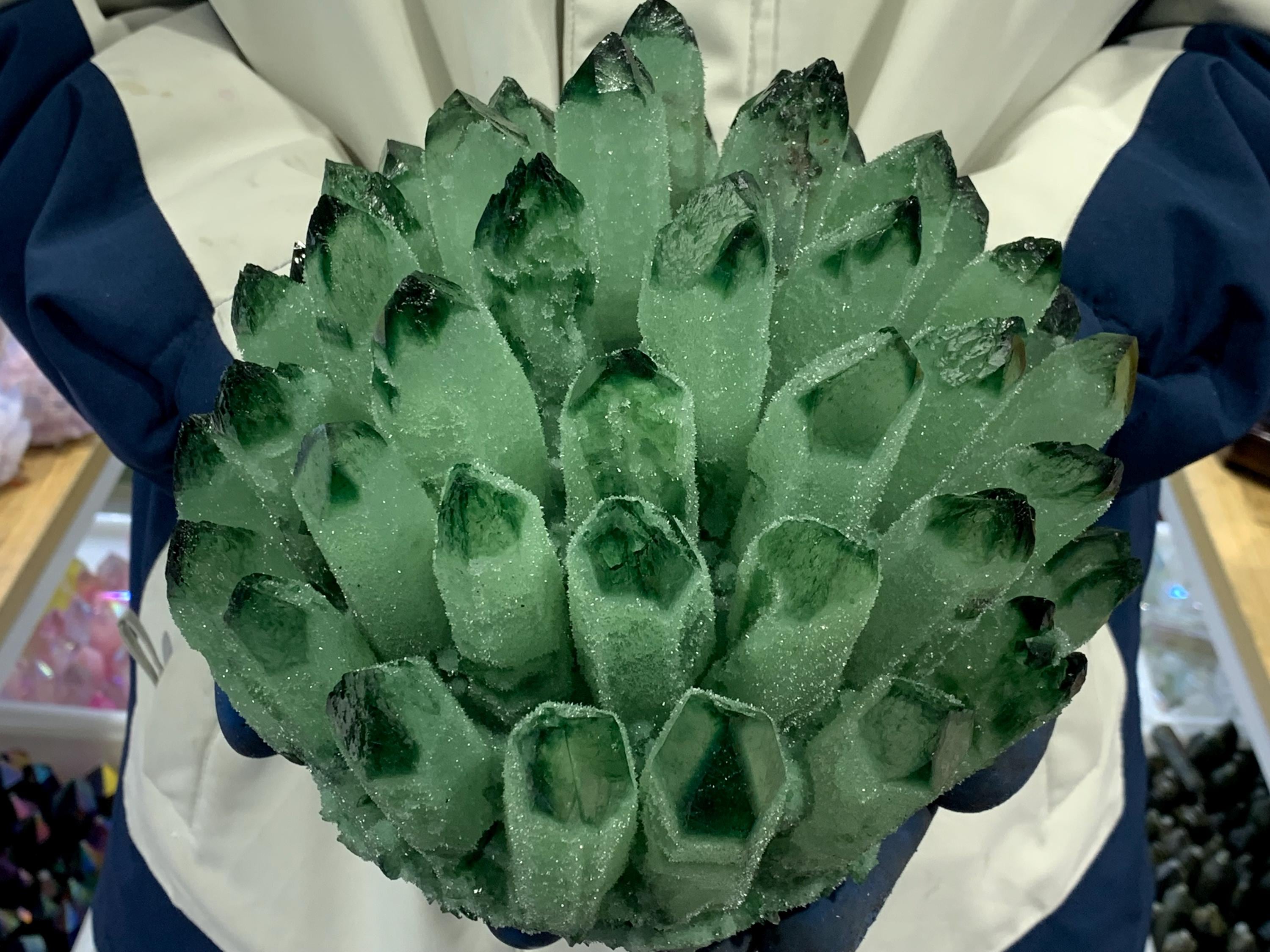Green Quartz Crystal Cluster Specimen: Hand Carved Home Decor