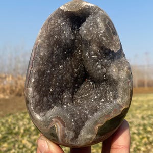Natürliche Amethyst-Geode, handgeschnitztes Ei, Amethystquarz-Cluster, Hauptdekoration, Kristallgeschenke, Kristallenergie A-6