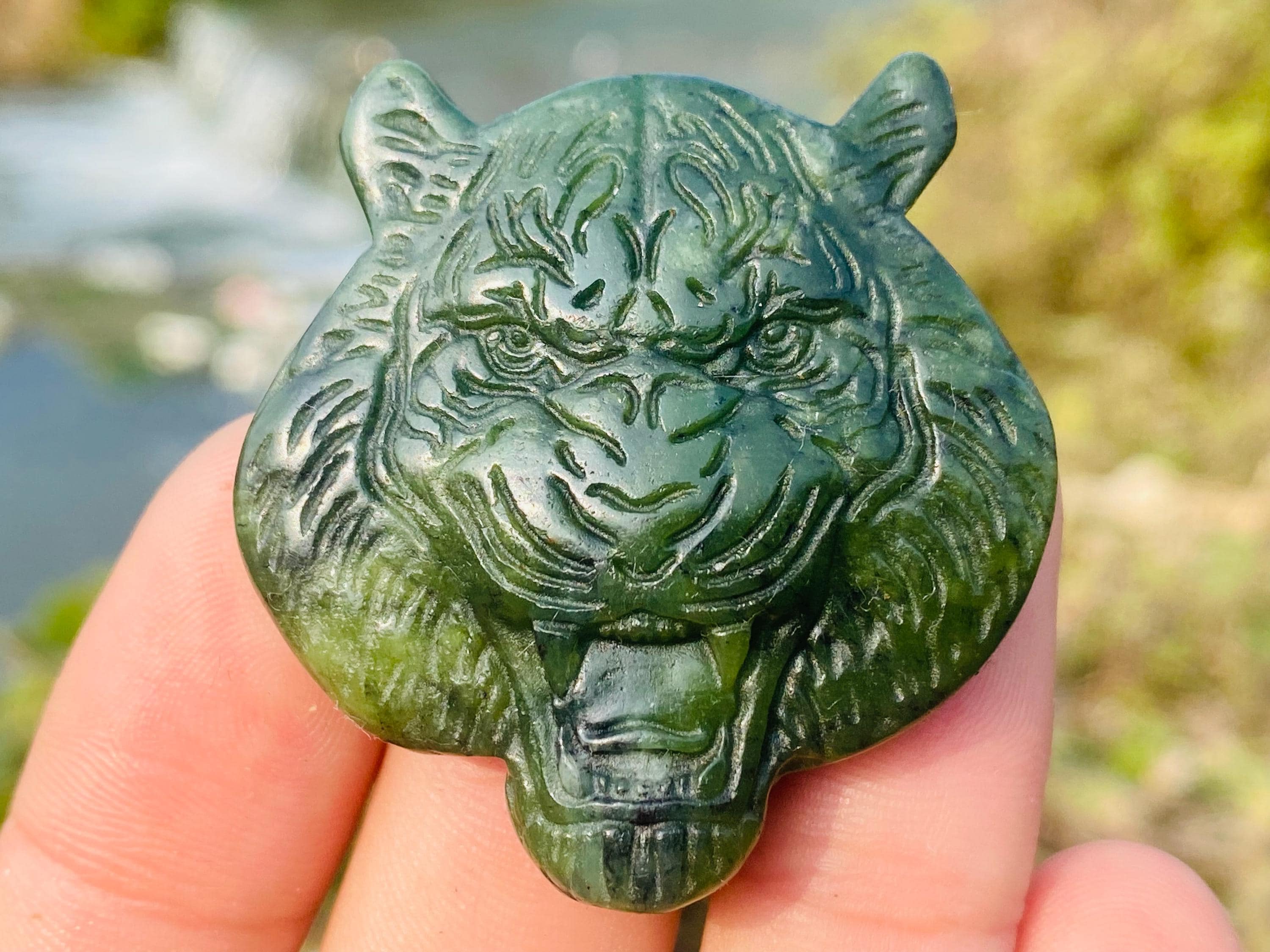 Hand Carved Green Jade Tiger Head: Crystal Home Decor