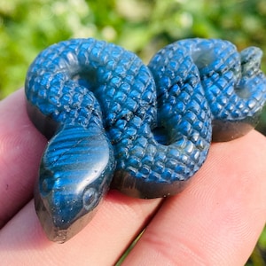 Puede incluir: Una piedra preciosa de labradorita azul tallada en forma de serpiente. La serpiente está enroscada y tiene una superficie detallada y texturizada.